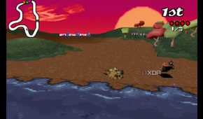 A screenshot from the game Big Red Racing, showing two cars jumping across a small river.