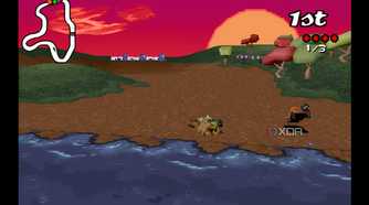 A screenshot from the game Big Red Racing, showing two cars jumping across a small river.
