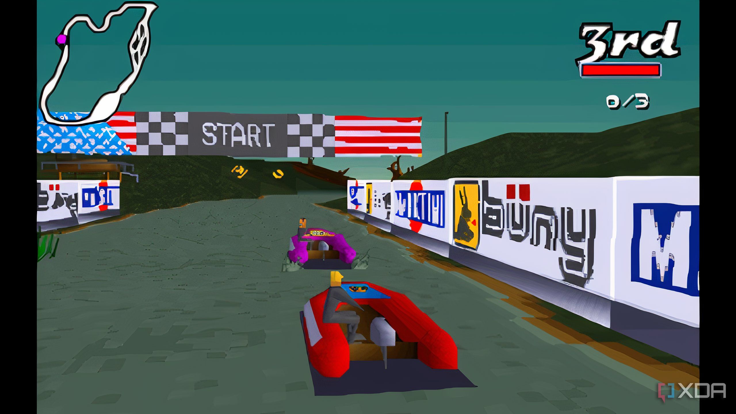 A screenshot from the game Big Red Racing, showing a red boat getting ready to race on water.