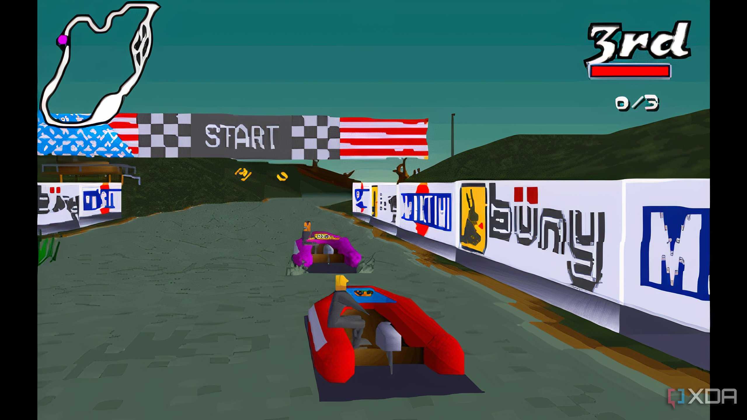 A screenshot from the game Big Red Racing, showing a red boat getting ready to race on water.