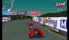 A screenshot from the game Big Red Racing, showing a red boat getting ready to race on water.