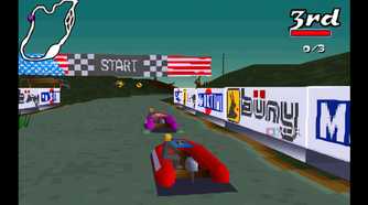 A screenshot from the game Big Red Racing, showing a red boat getting ready to race on water.