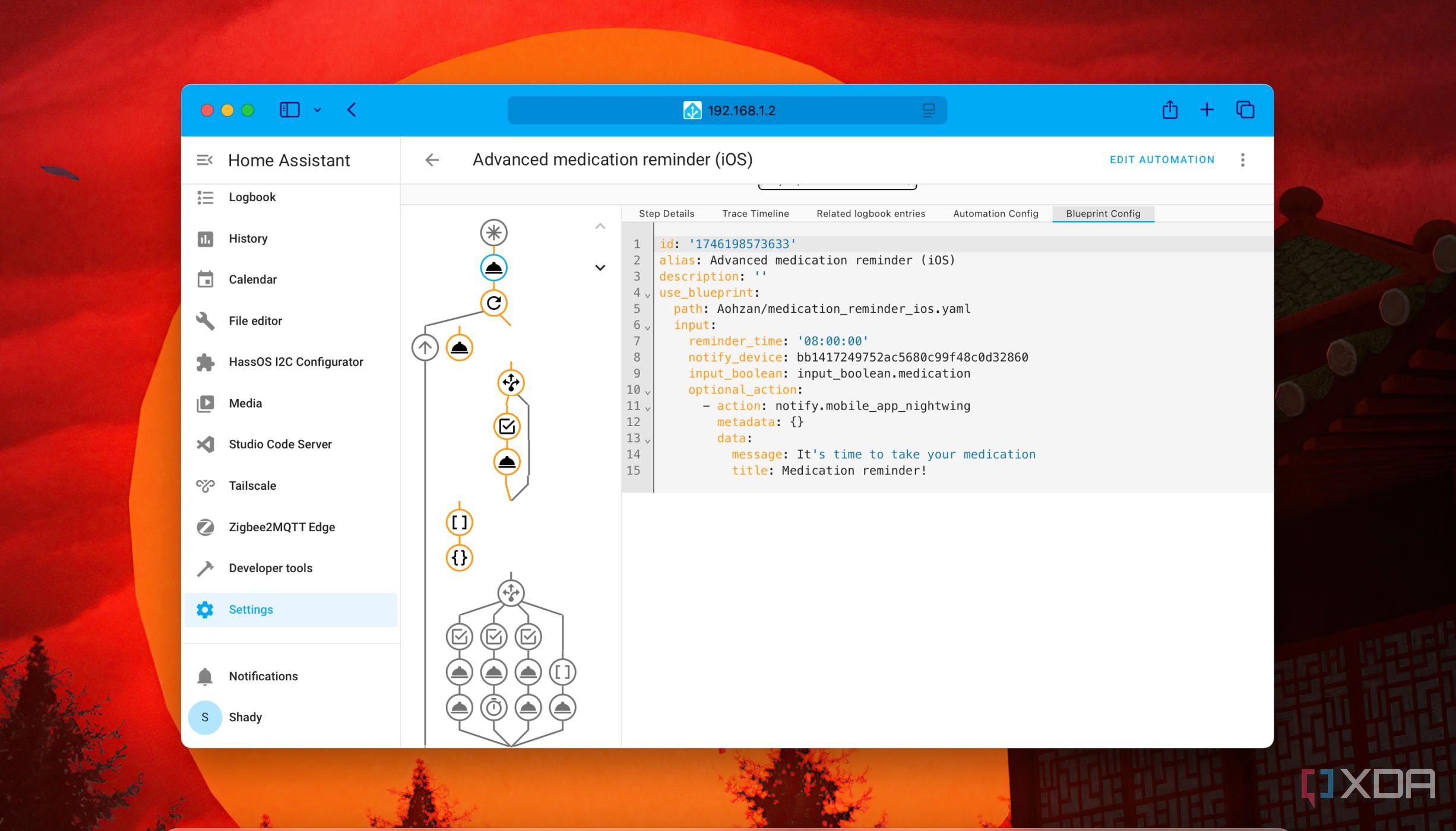 A screenshot of Blueprint config while checking Traces of automation in Home Assistant