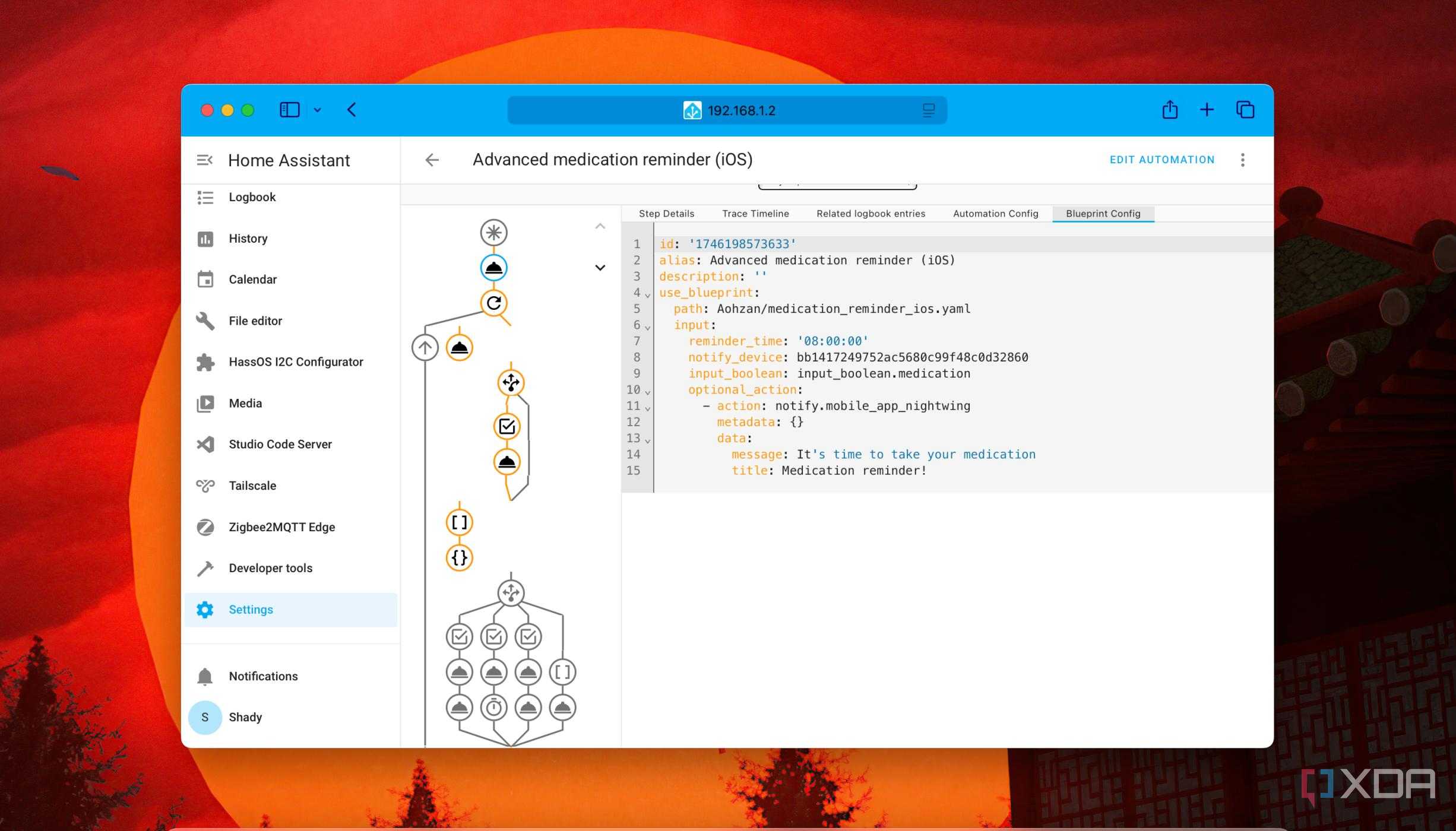 A screenshot of Blueprint config while checking Traces of automation in Home Assistant