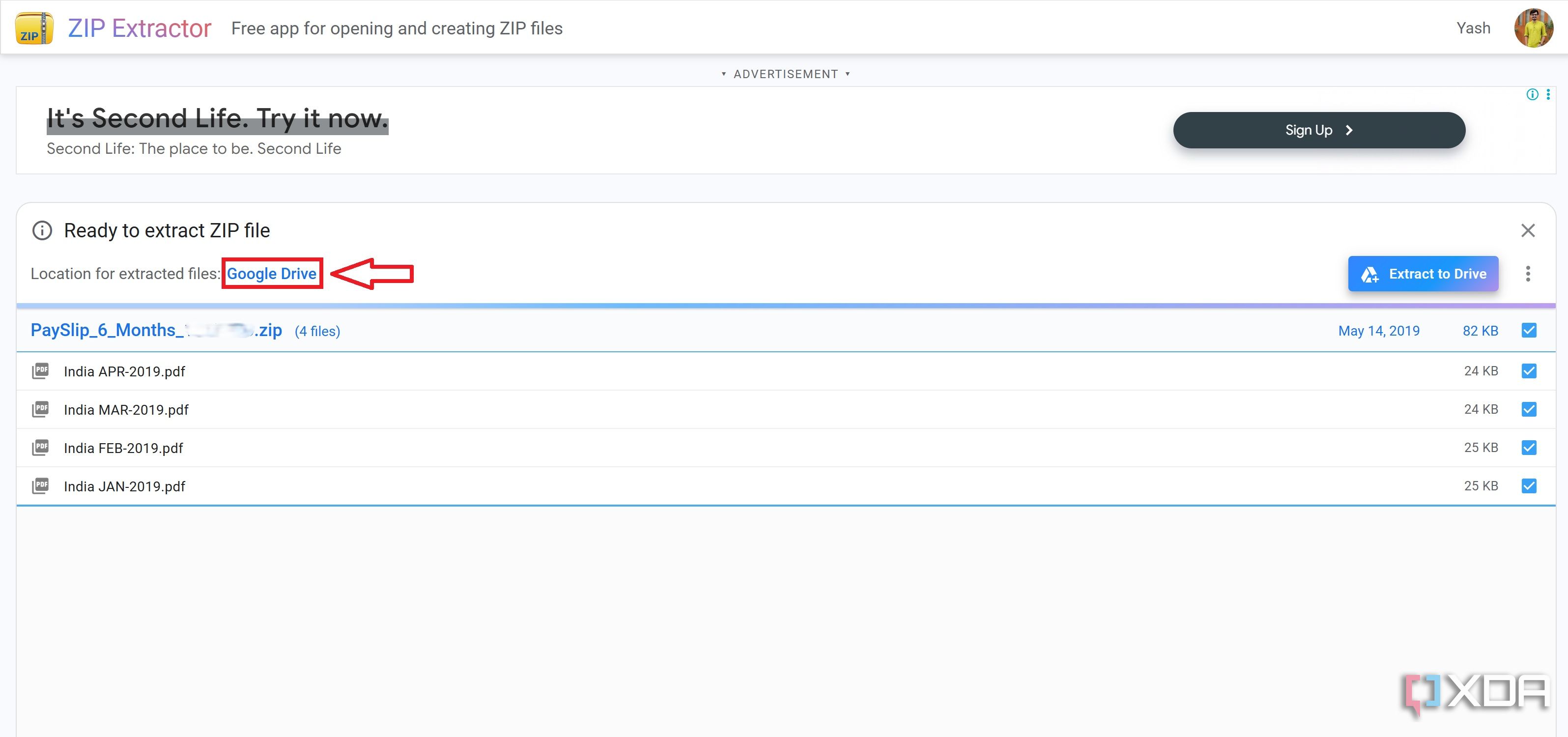 Change location for extracted files from Zip Extractor window