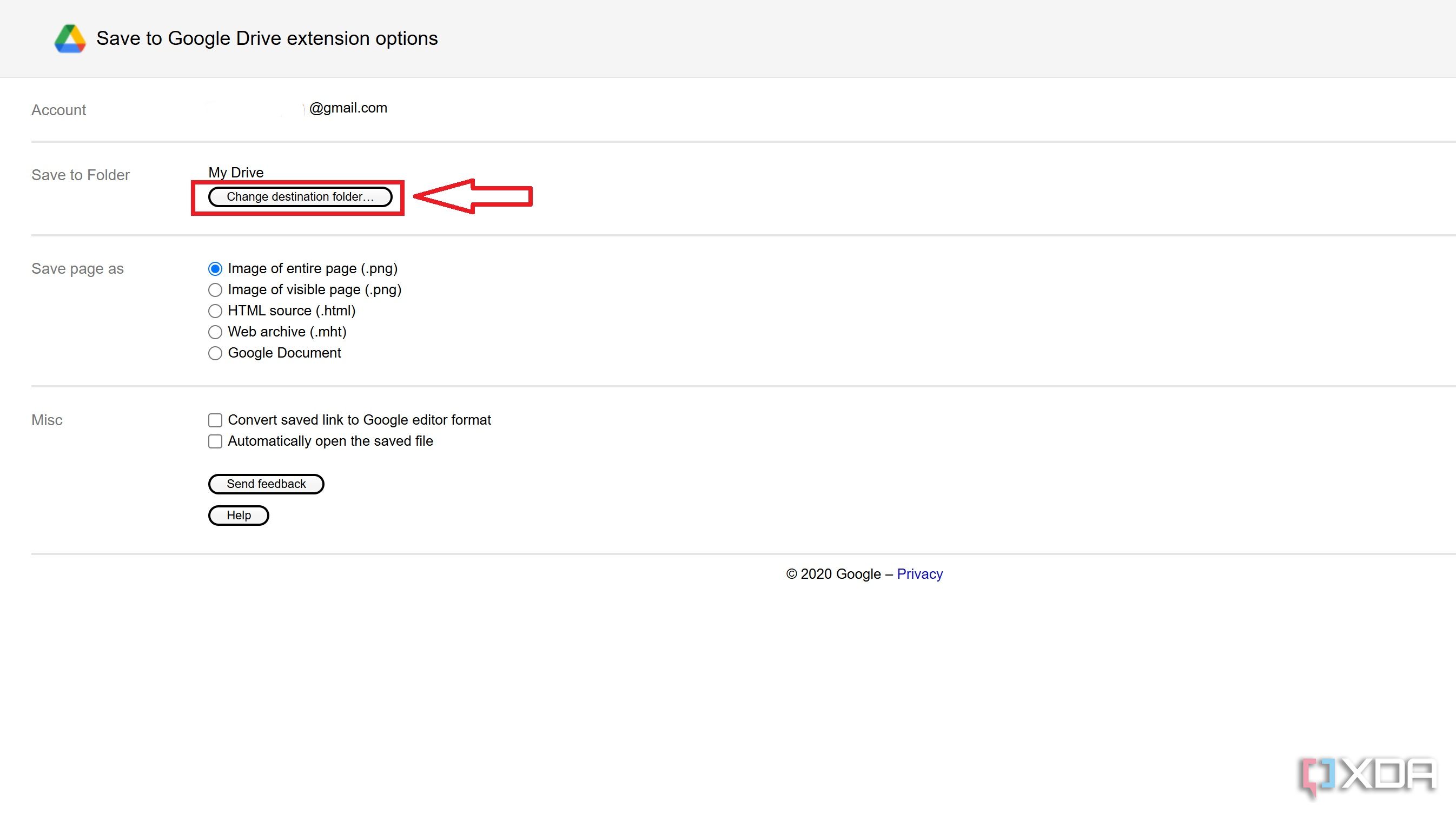 Click on Change Destination Folder to change the location of image via Save to Google Drive