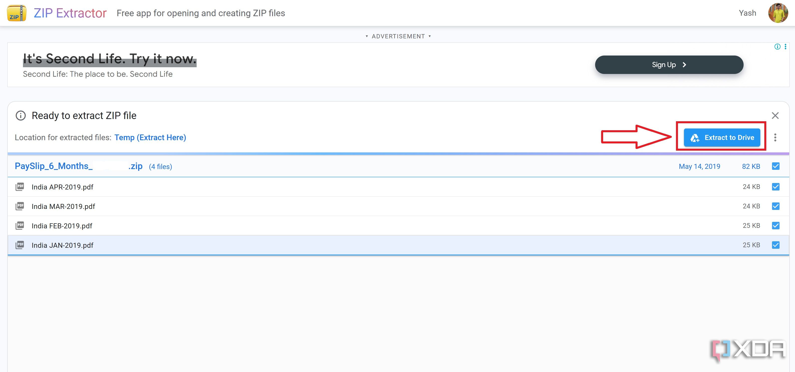 Click on the Extract to Drive option to confirm extraction