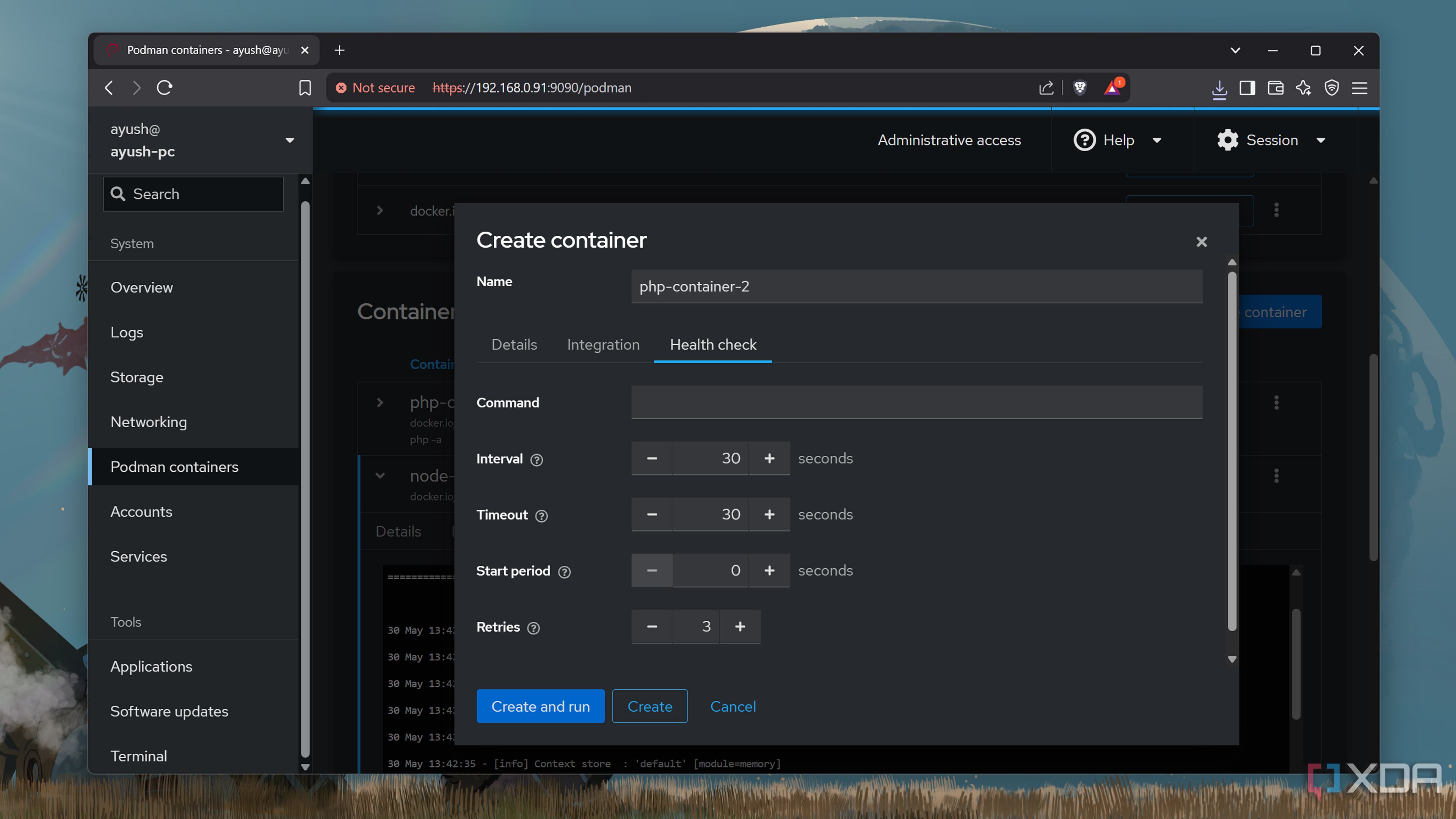 Creating a Podman container via Cockpit