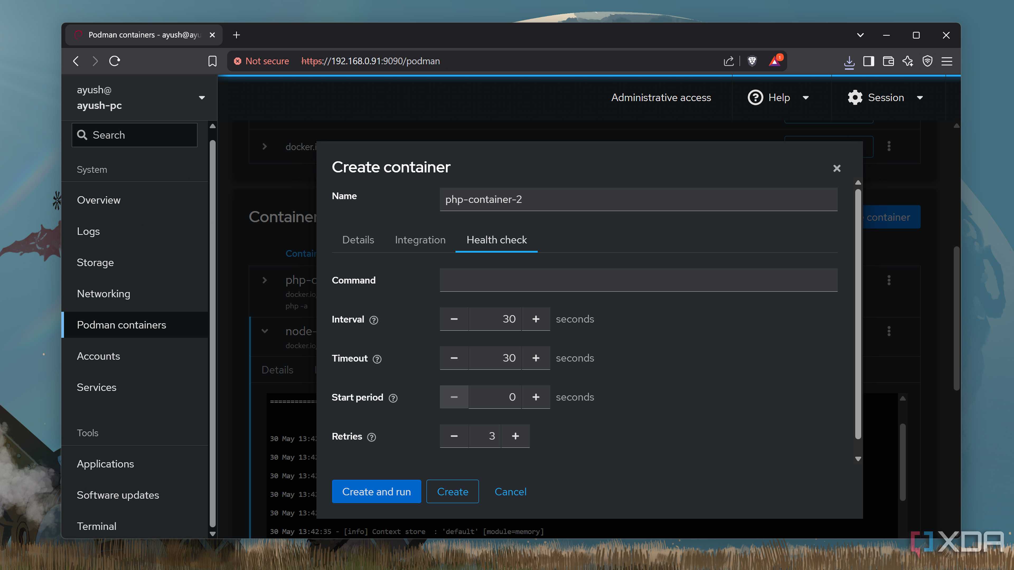 Creating a Podman container via Cockpit