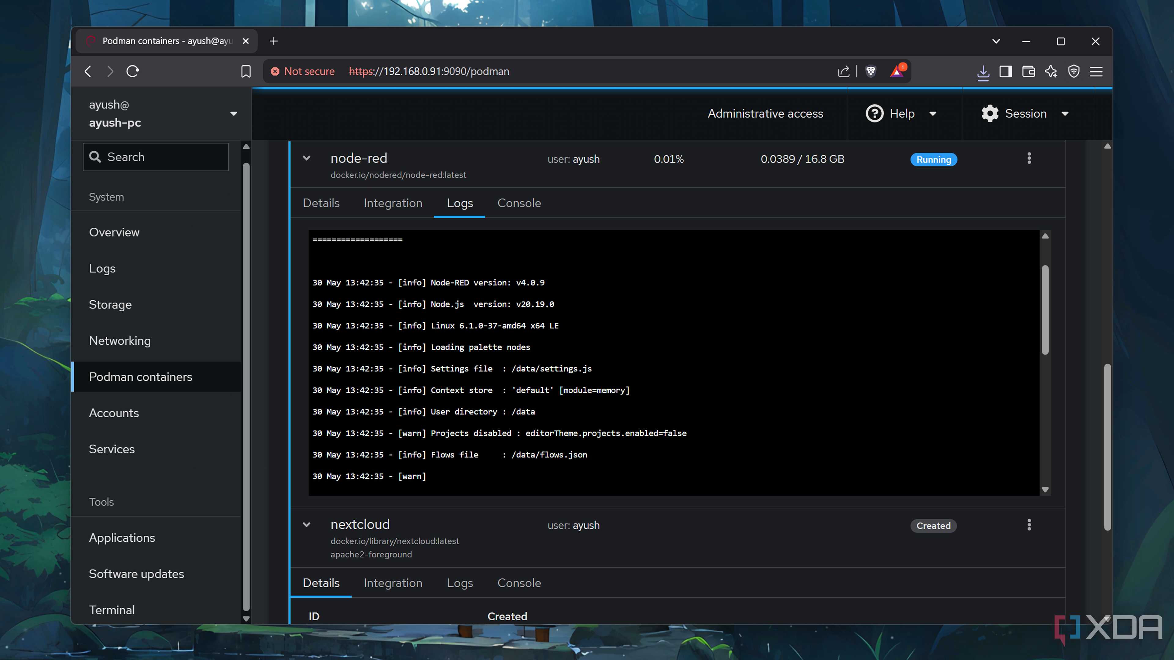 Accessing the Logs tab of a Podman container via Cockpit