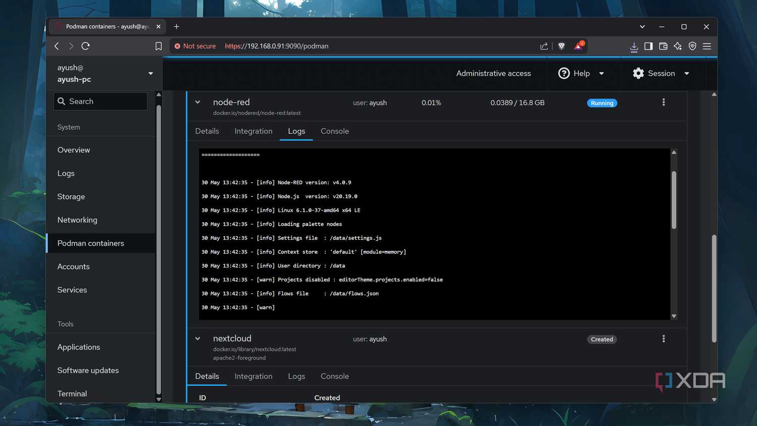Accessing the Logs tab of a Podman container via Cockpit
