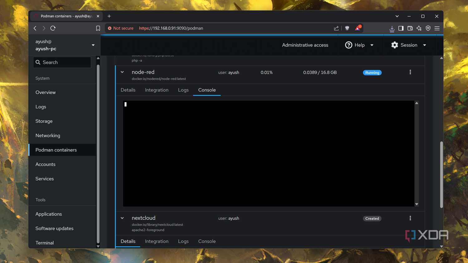 Accessing the Console tab of a Podman container via Cockpit