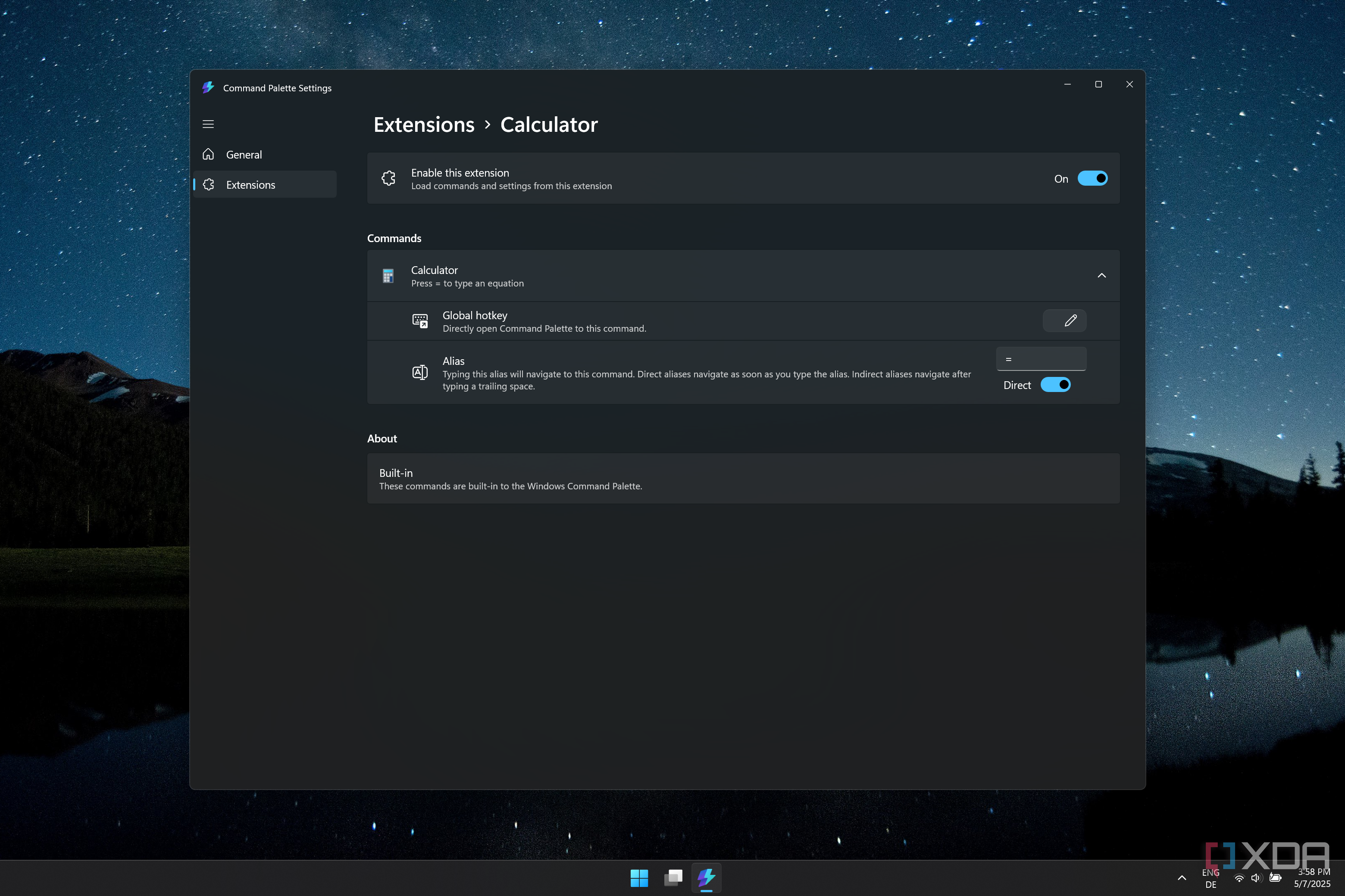Screenshot of Command Palette settings for the Calculator extensions