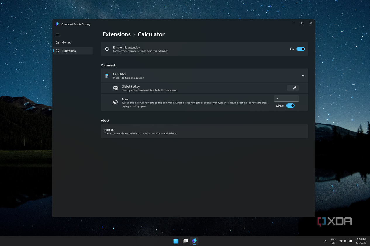 Screenshot of Command Palette settings for the Calculator extensions