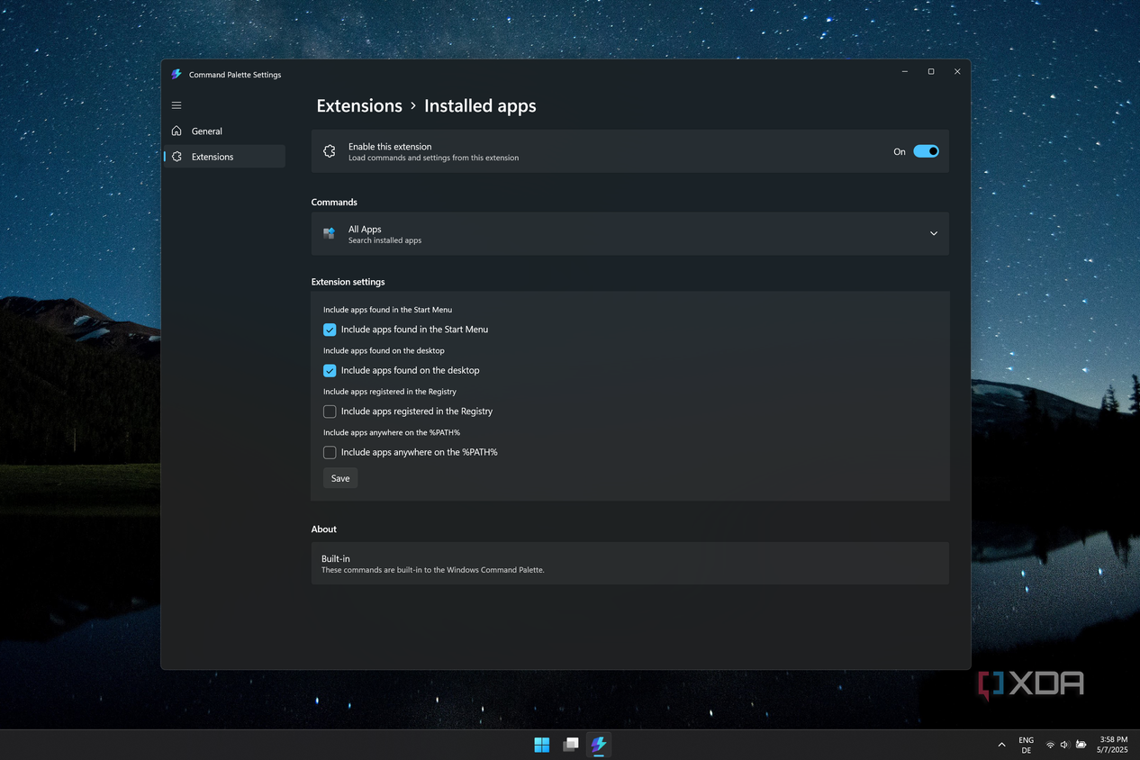 Screenshot of Command Palette settings for the Installed Apps extension