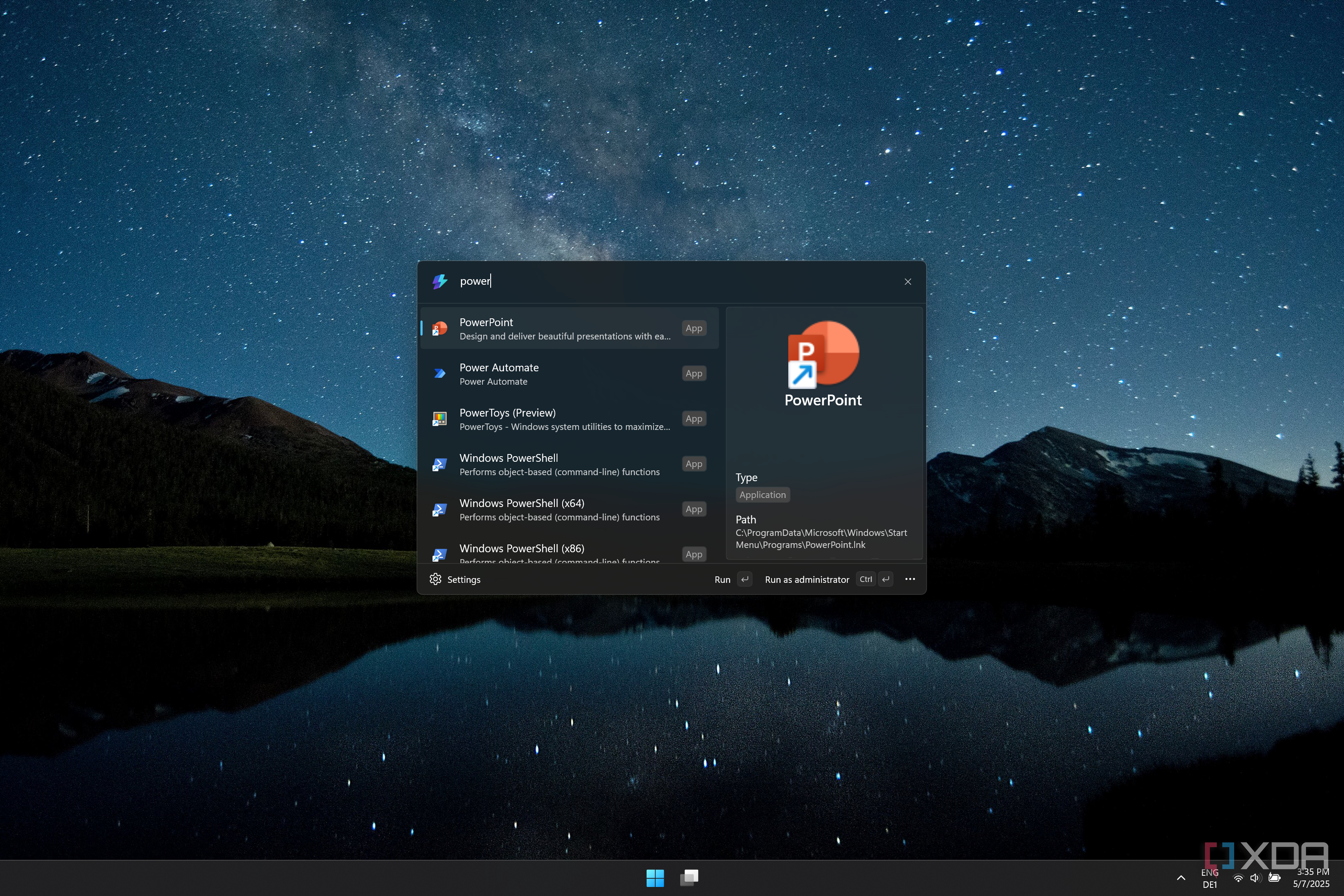 Screenshot of Command Palette after searching for PowerPoint, showing information about the app