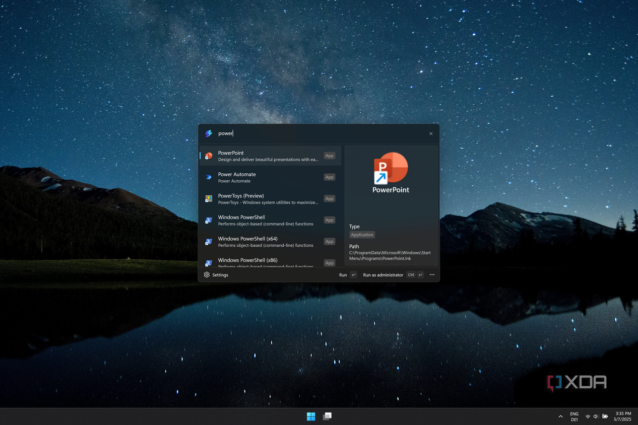 Screenshot of Command Palette after searching for PowerPoint, showing information about the app