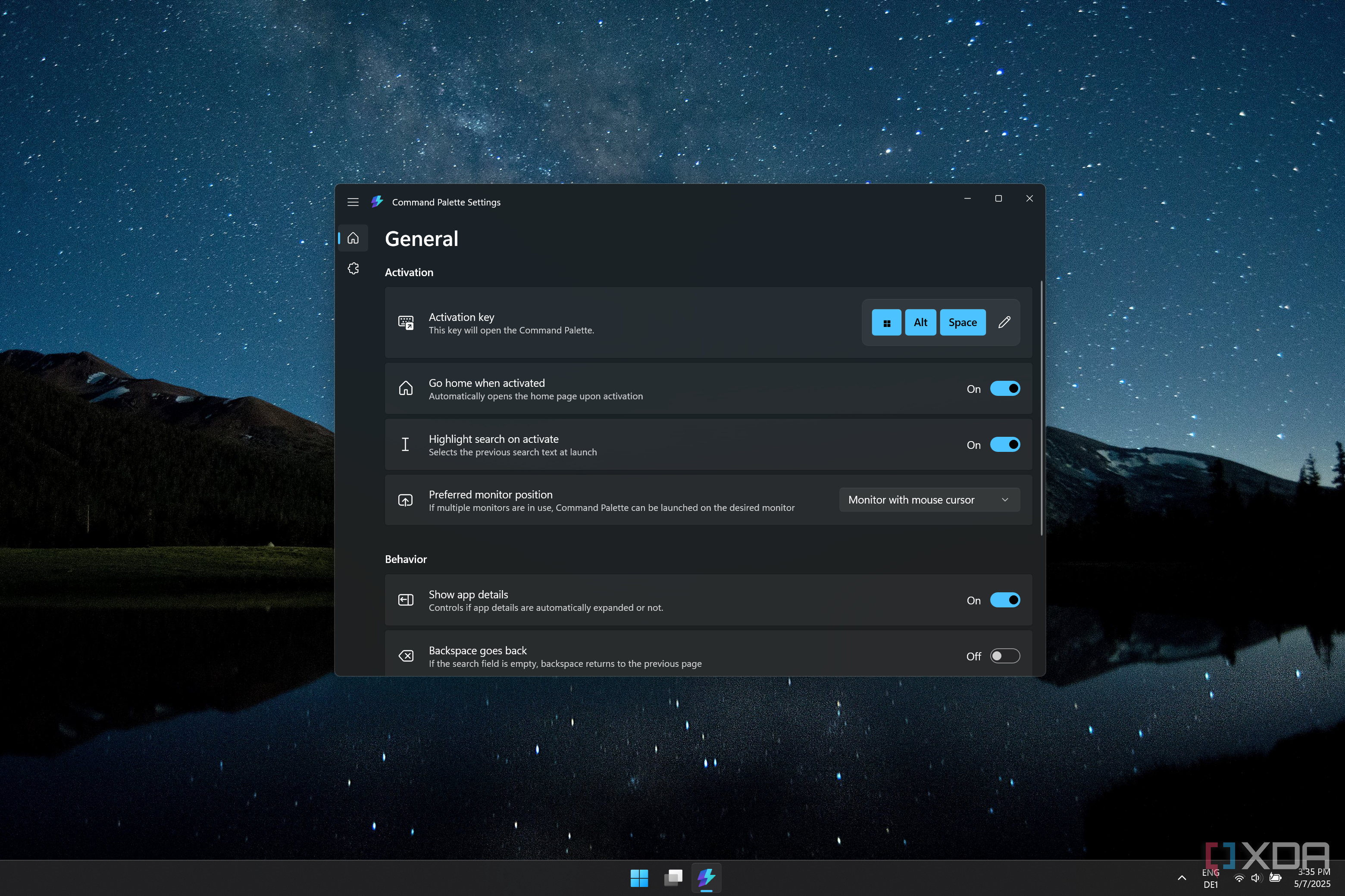 Screenshot of the Command Palette settings window