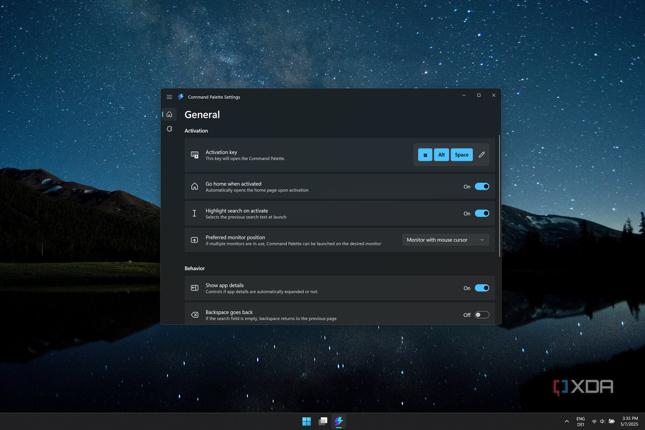 Screenshot of the Command Palette settings window