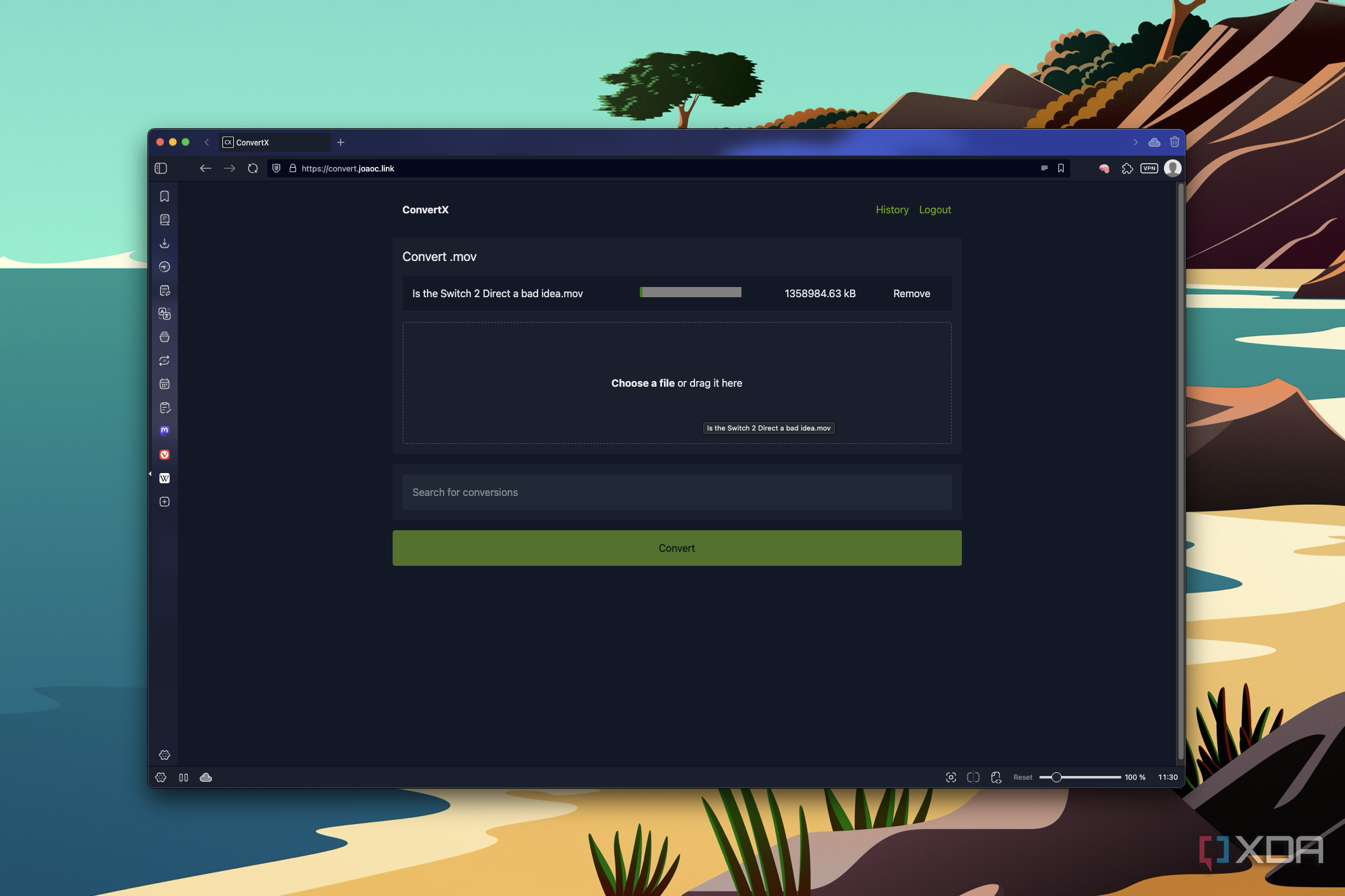 Screenshot of ConvertX's UI showing a file uploading