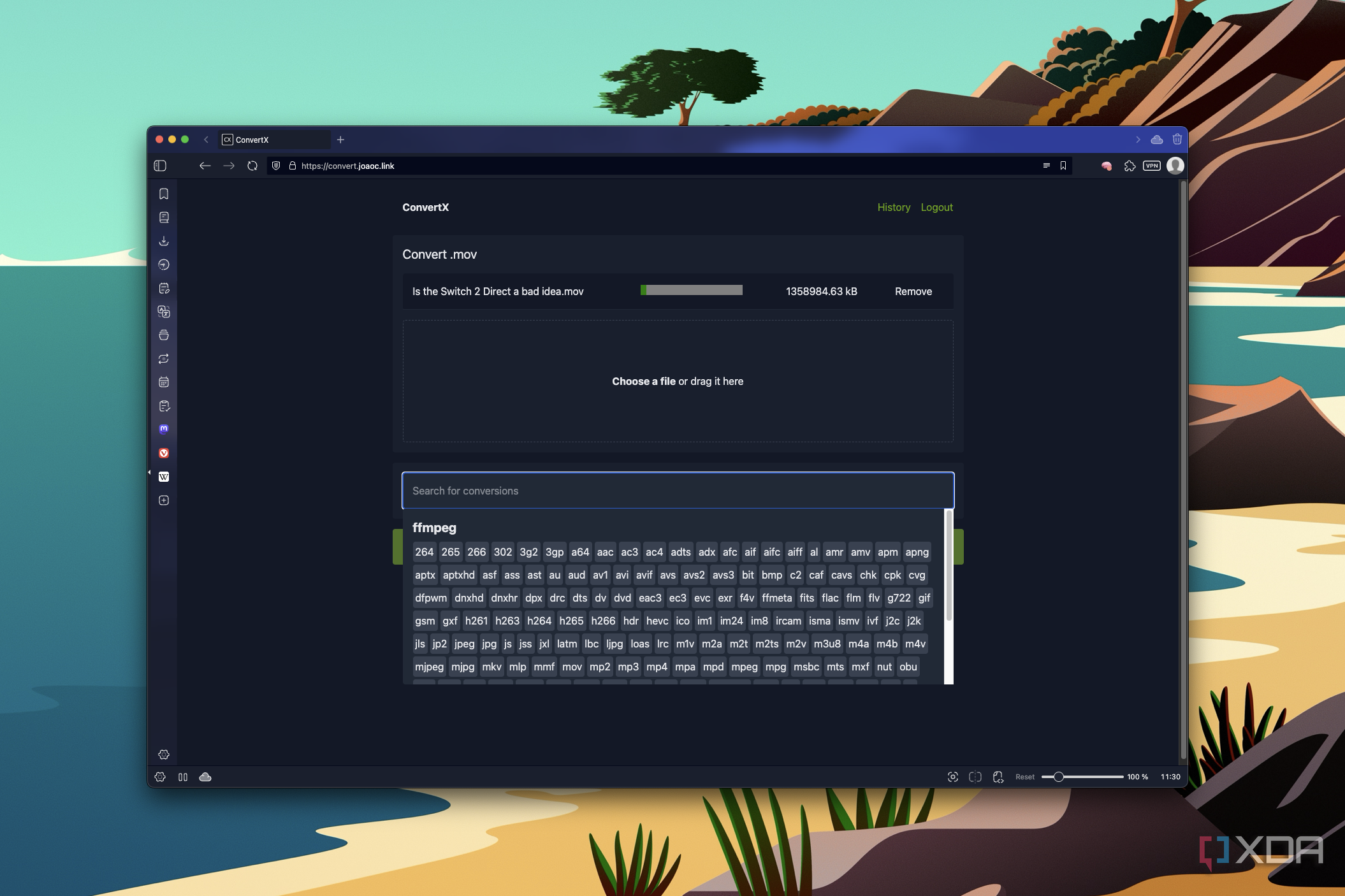 Screenshot of ConvertX's UI showing video output options available