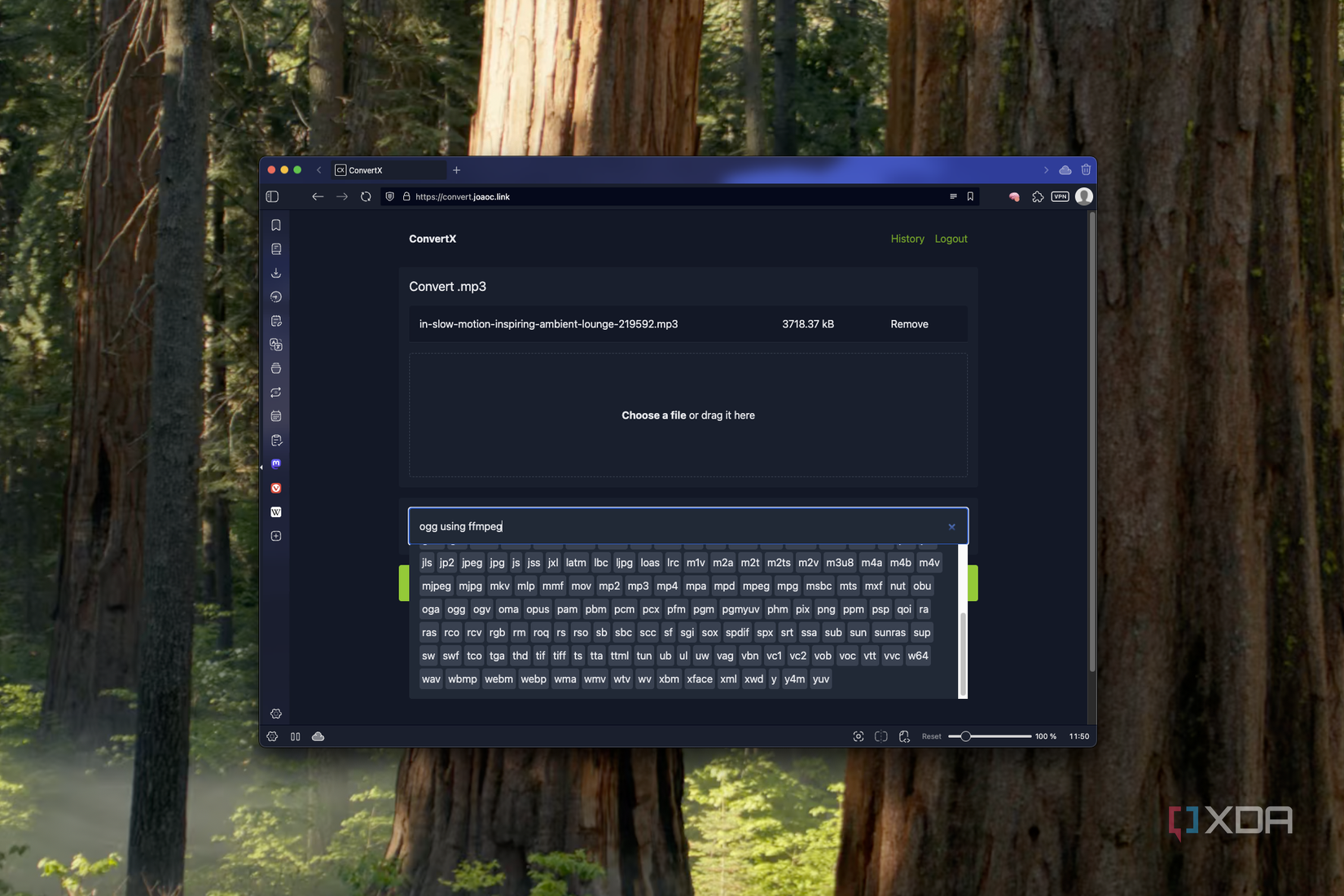 Screenshot of ConvertX showing conversion options for an MP3 file using ffmpeg