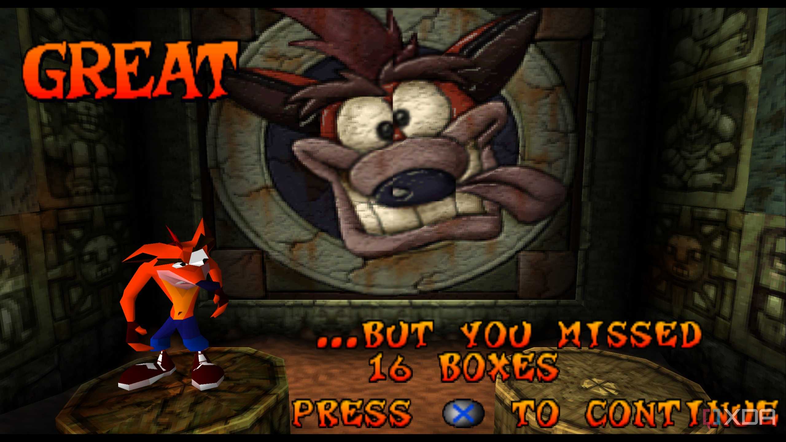 The end of level 1 in PlayStation 1 game Crash Bandicoot.