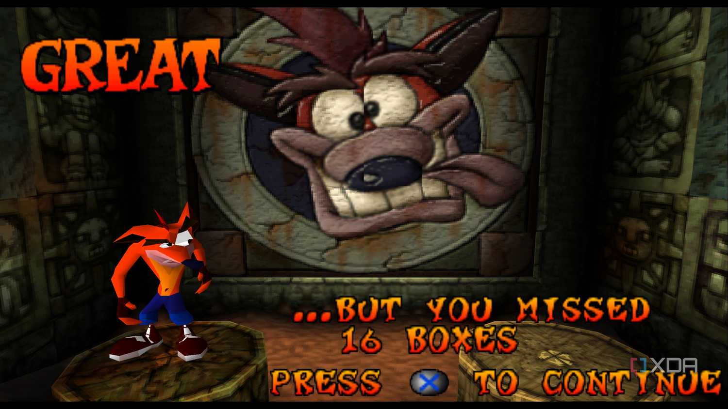The end of level 1 in PlayStation 1 game Crash Bandicoot.