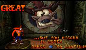 The end of level 1 in PlayStation 1 game Crash Bandicoot.