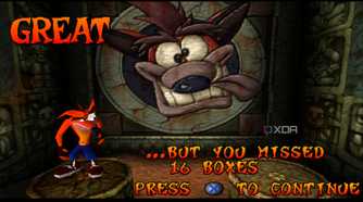 The end of level 1 in PlayStation 1 game Crash Bandicoot.