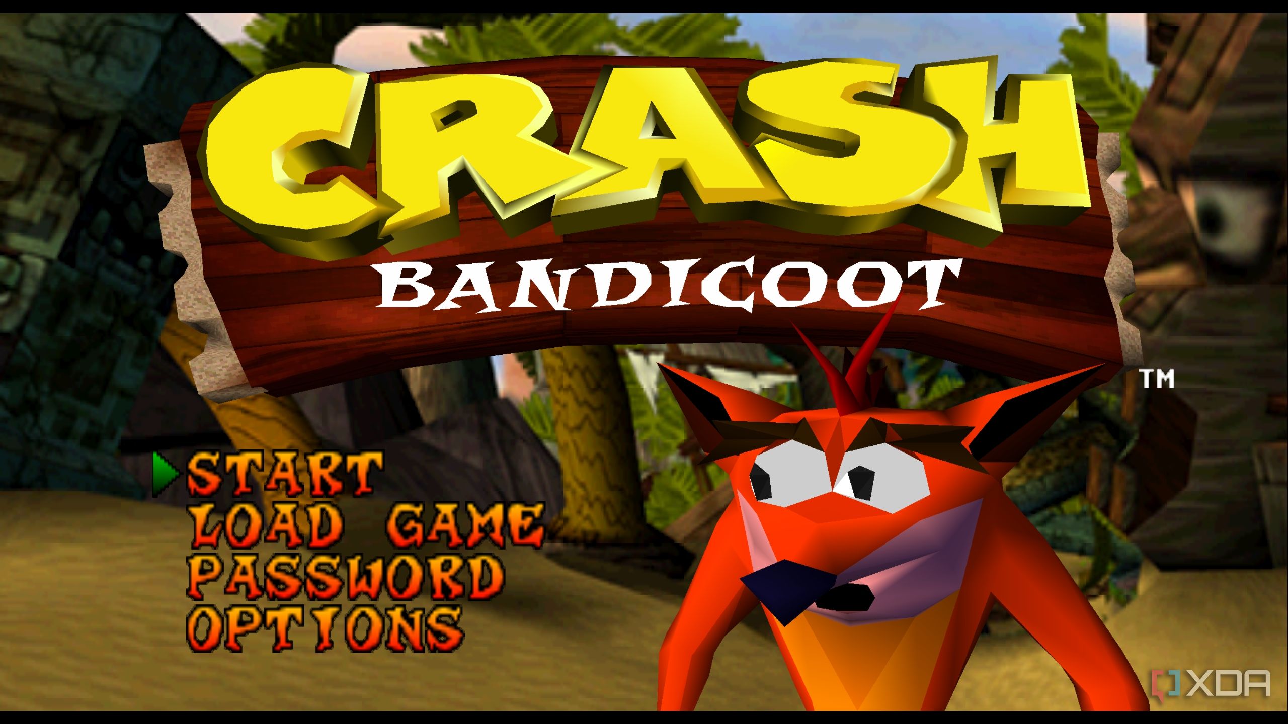 The main menu in PlayStation 1 game Crash Bandicoot.