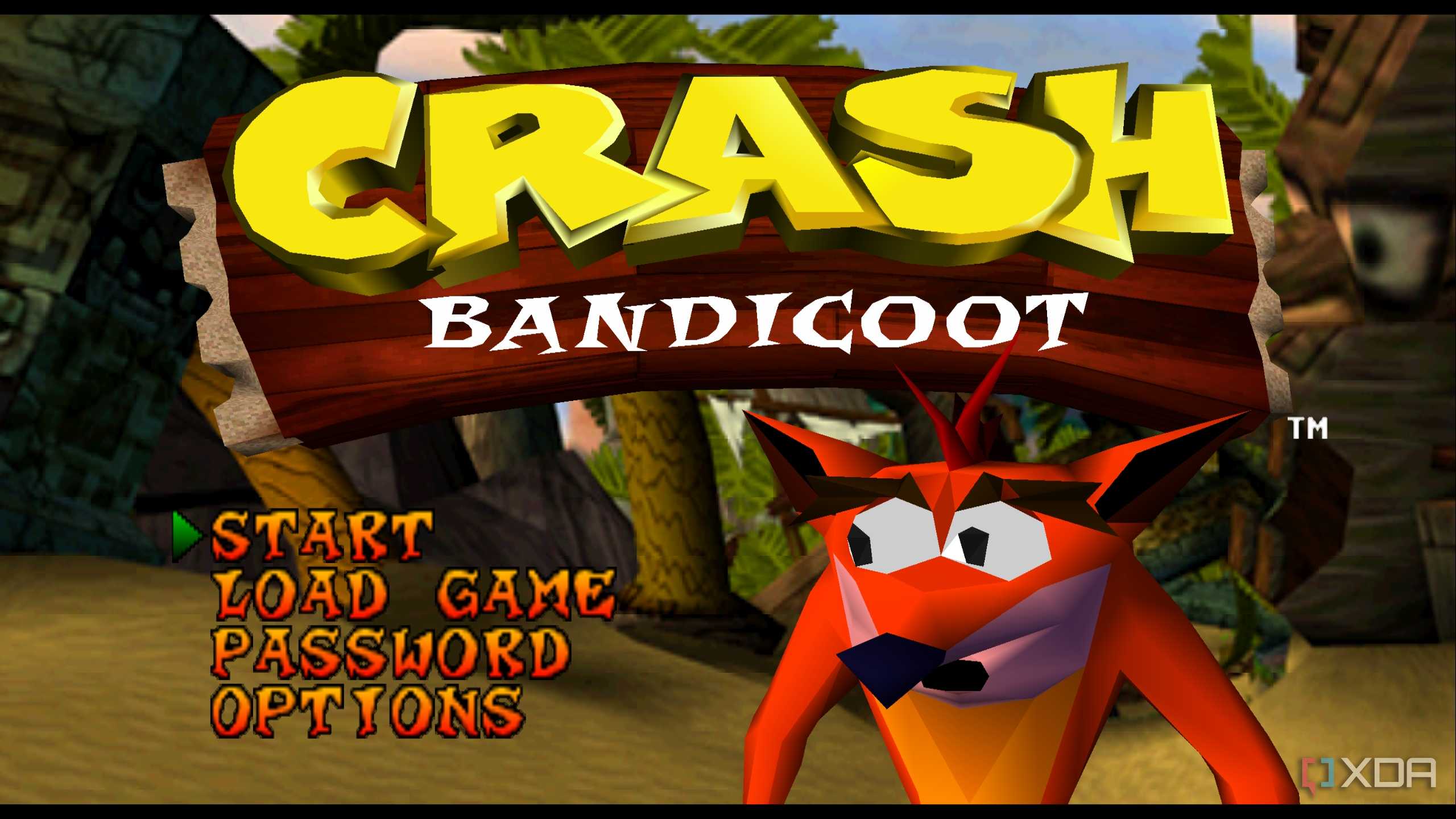The main menu in PlayStation 1 game Crash Bandicoot.
