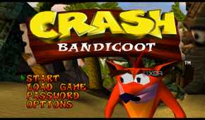 The main menu in PlayStation 1 game Crash Bandicoot.