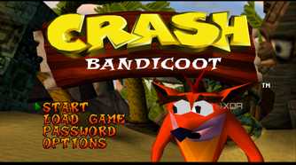 The main menu in PlayStation 1 game Crash Bandicoot.