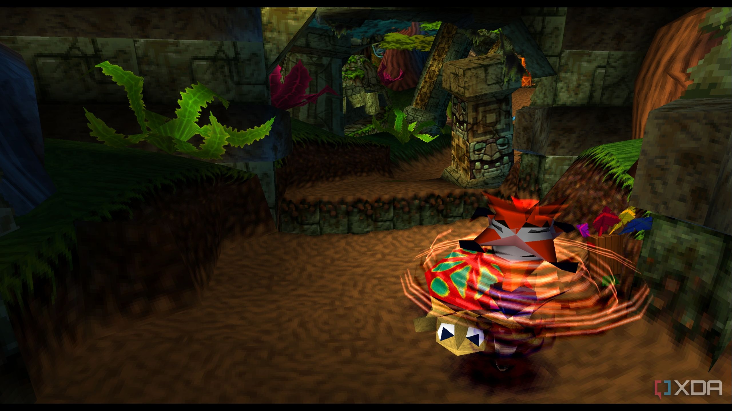 Crash Bandicoot doing a spin move to attack a tortoise in PlayStation 1 game Crash Bandicoot.