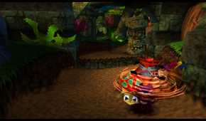 Crash Bandicoot doing a spin move to attack a tortoise in PlayStation 1 game Crash Bandicoot.