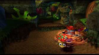 Crash Bandicoot doing a spin move to attack a tortoise in PlayStation 1 game Crash Bandicoot.