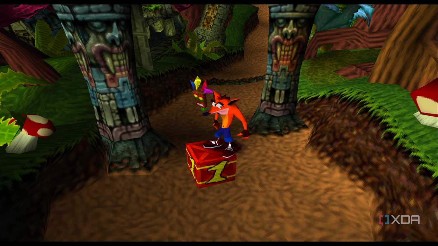 Crash Bandicoot standing atop a box of TNT in PlayStation 1 game Crash Bandicoot.