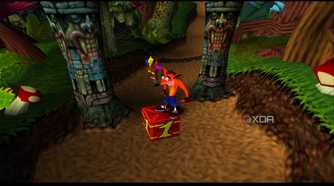 Crash Bandicoot standing atop a box of TNT in PlayStation 1 game Crash Bandicoot.