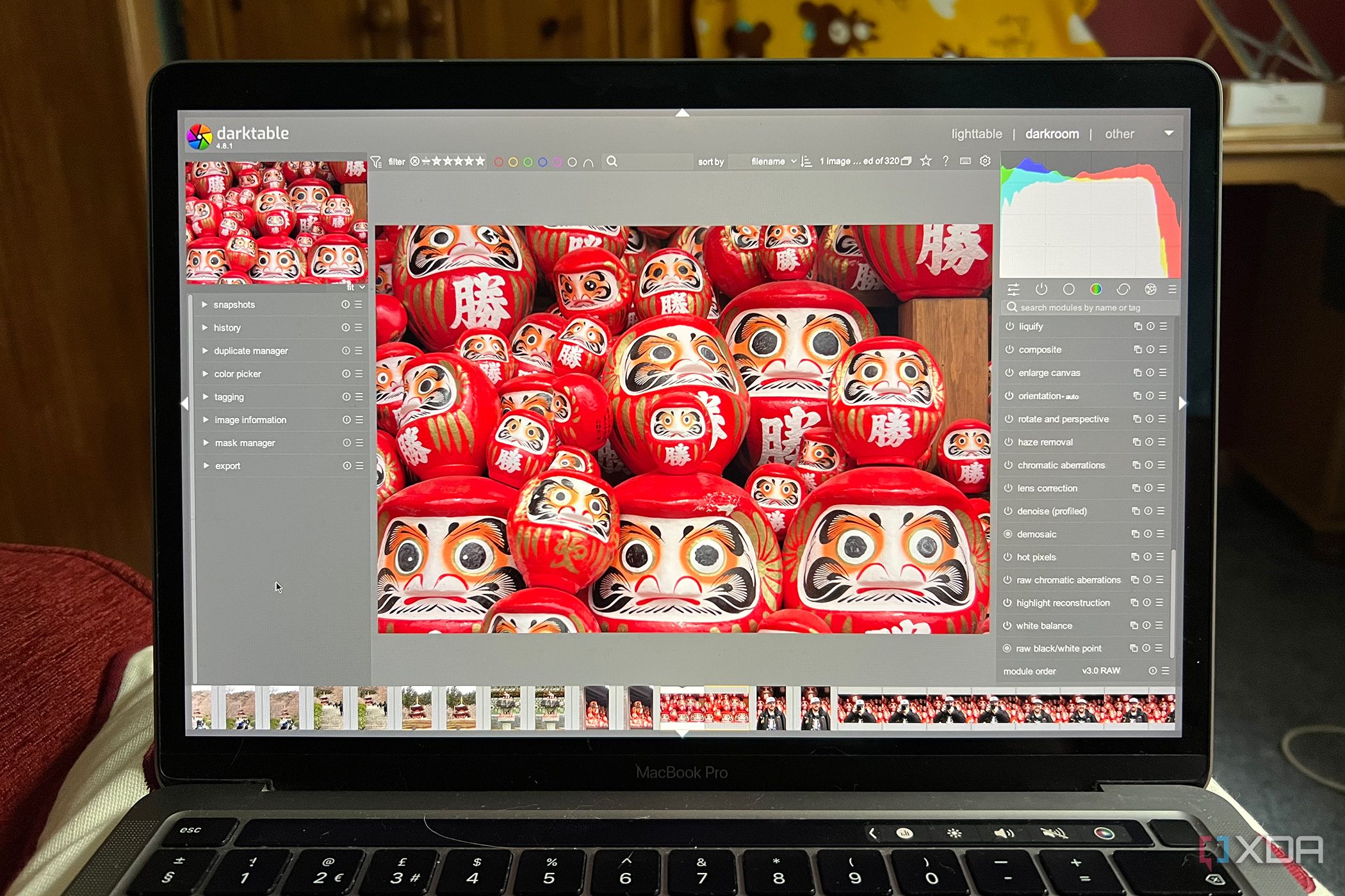 An image of Japanese Daruma dolls on Darktable editing software on a Macbook