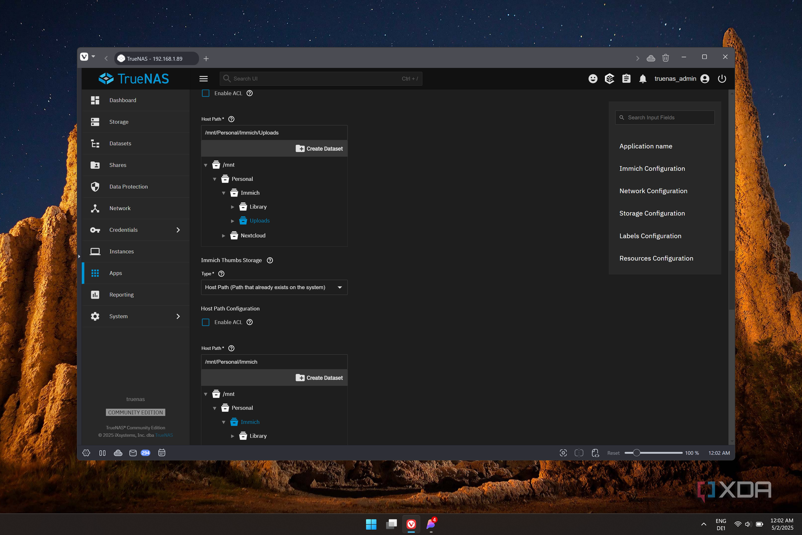 Screenshot of the configuration for Immich when first installing the app on TrueNAS, showing multiple datasets being created for each type of data