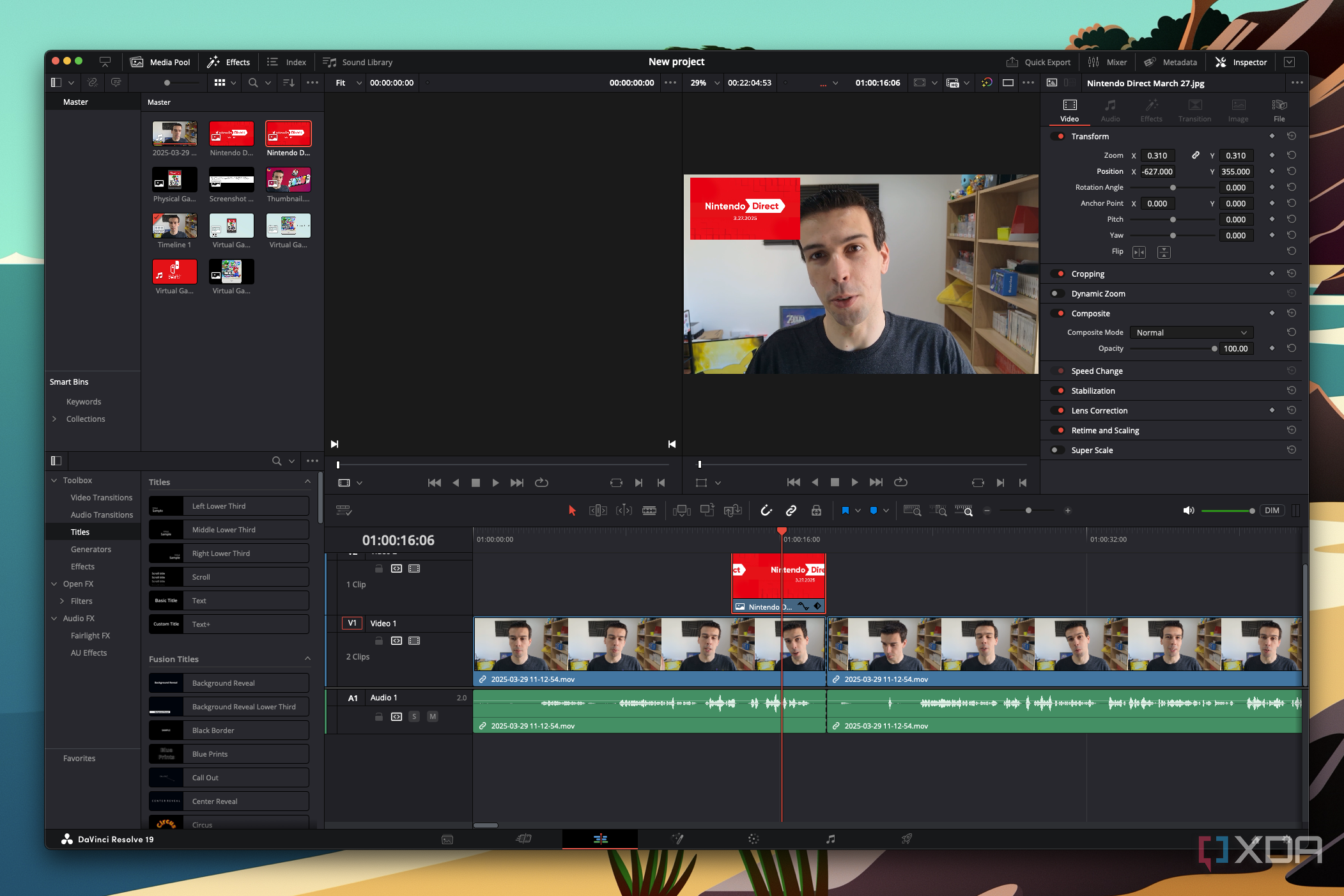 Screenshot of DaVinci Resolve's edit view showing a timeline with multiple tracks and an image overlaid on the main video track