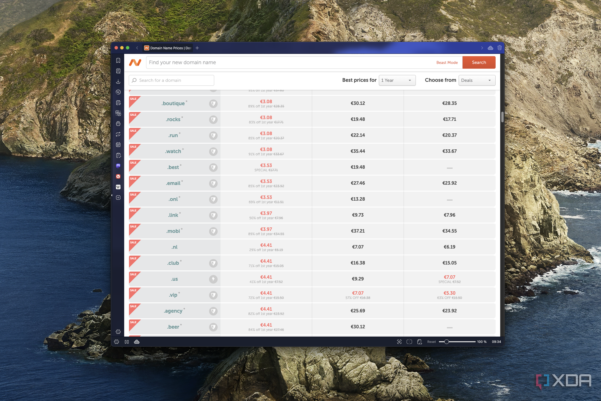 Screenshot of a Namecheap page showing various prices for different domains