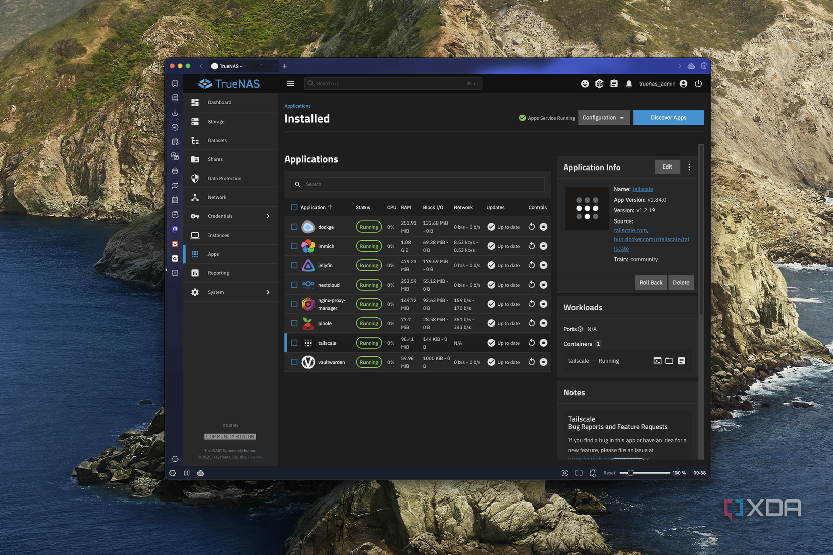 Screenshot of TrueNAS web UI showing information about the Tailscale app