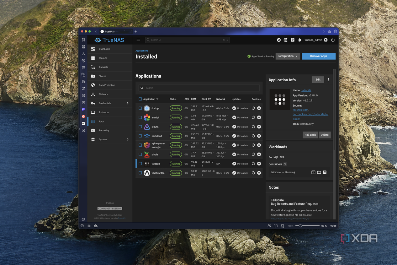 Screenshot of TrueNAS web UI showing information about the Tailscale app
