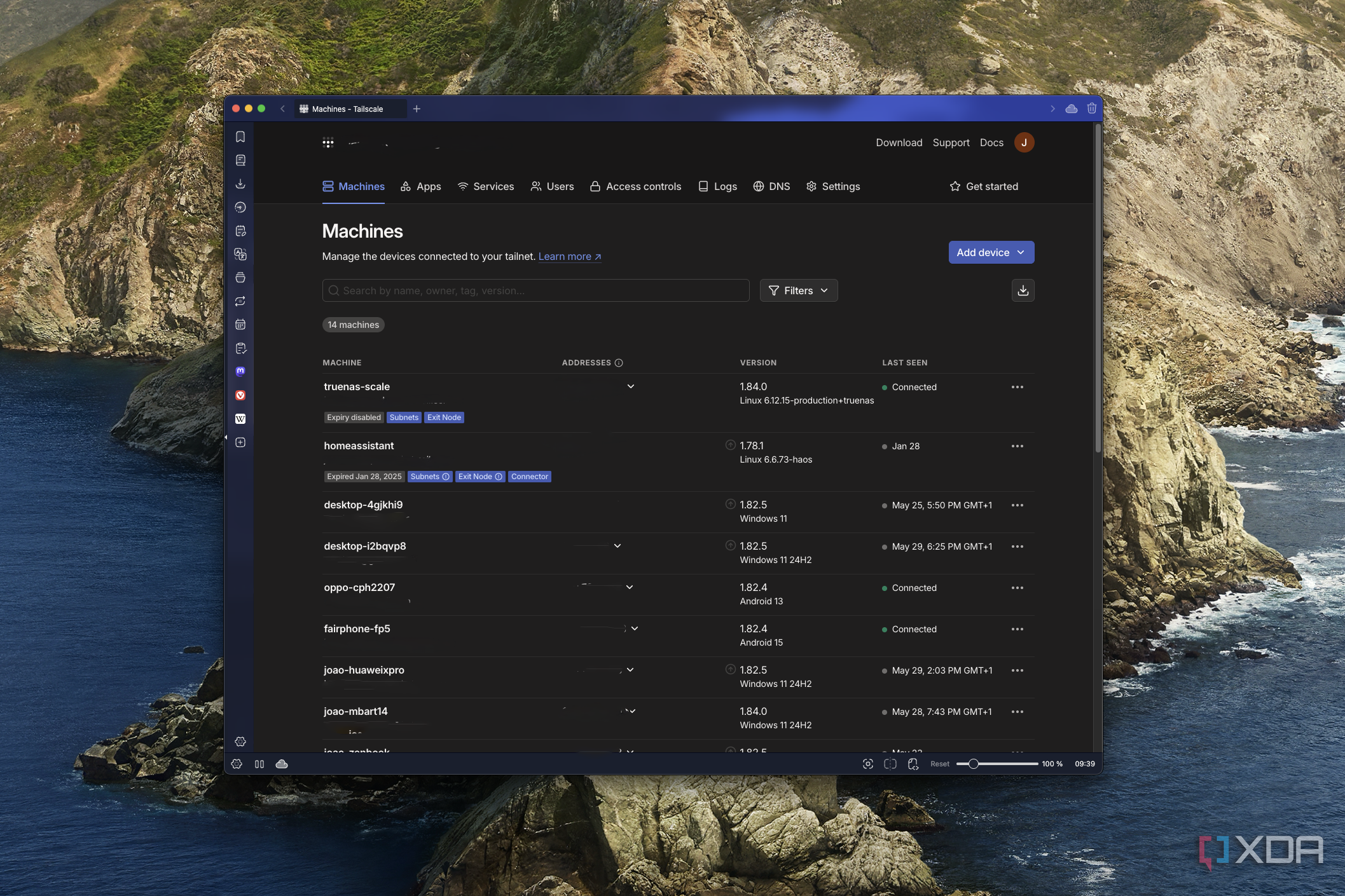 Screenshot of the Tailscale admin portal showing various devices, including a TrueNAS scale instance