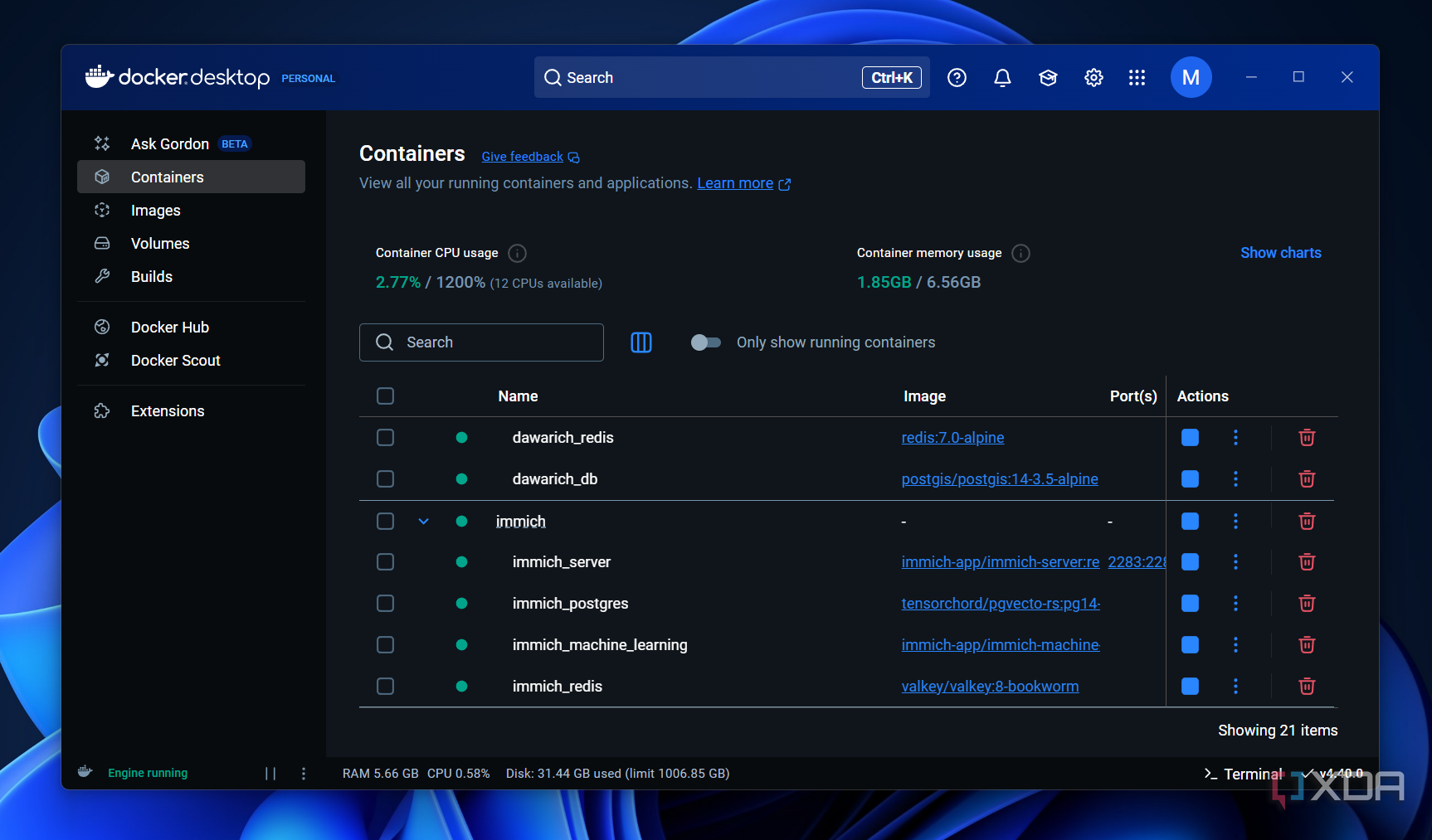 docker desktop running on windows with a variety of containers