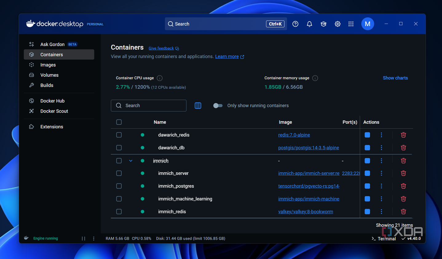 docker desktop running on windows with a variety of containers