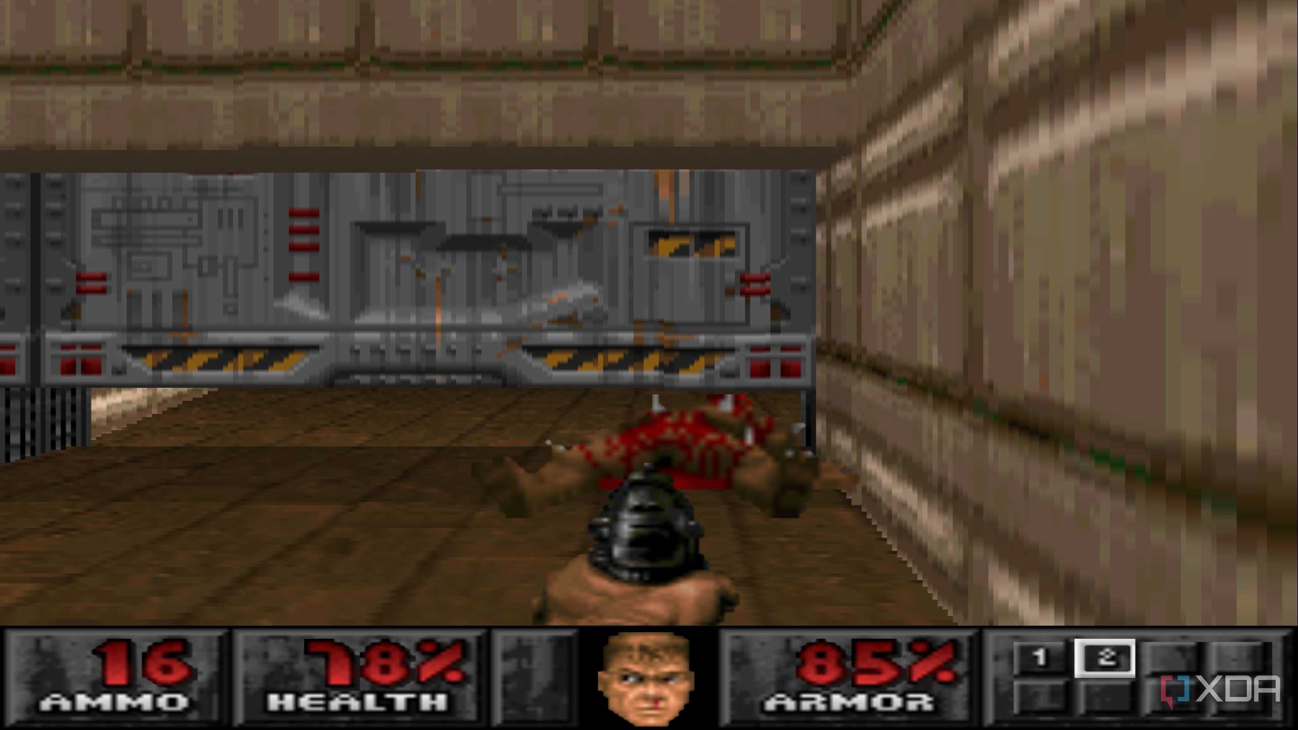 The Doom marine shooting down a demon in PlayStation 1 game Doom.
