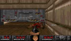 The Doom marine shooting down a demon in PlayStation 1 game Doom.